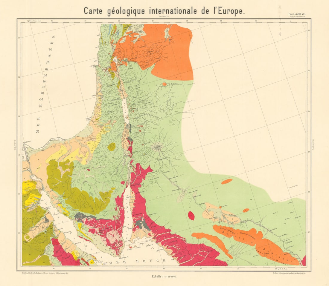 Geological map Sinai Israel Jordan Arabia Suez Levant. BEYSCHLAG 1911 old: Carte geologique internationale de l'Europe - Feuille 48 (FVII) - [Sinai, Israel / Palestine, western Jordan, north western Arabia, the Gulfs of Suez & Aqaba]. One of a series of geological map