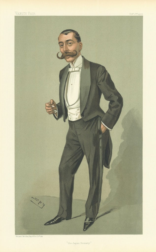 VANITY FAIR SPY CARTOON Arthur Doisy 'the Japan Society' 1902 old print: The Japan Society [Mr Arthur Doisy]. DIOSY Mr Arthur. White tie/tails. Waxed moustache. Born 1856. Founded the Japan Society in 1891. Spoke fluent Japanese. Wrote several books including 'The New Far 