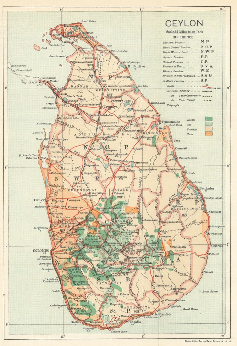 Ceylon. Sri Lanka. Rubber Tea Coconut Cocoa & railways 1919 old antique map: Ceylon'. Photo Litho. Survey Department, Ceylon. Published Dated 4.11.18. Published 1919. Antique colour map. Size 24 x 16 cm | 9.5 x 6.5 inches. Condition: Good; suitable for framing. Please check