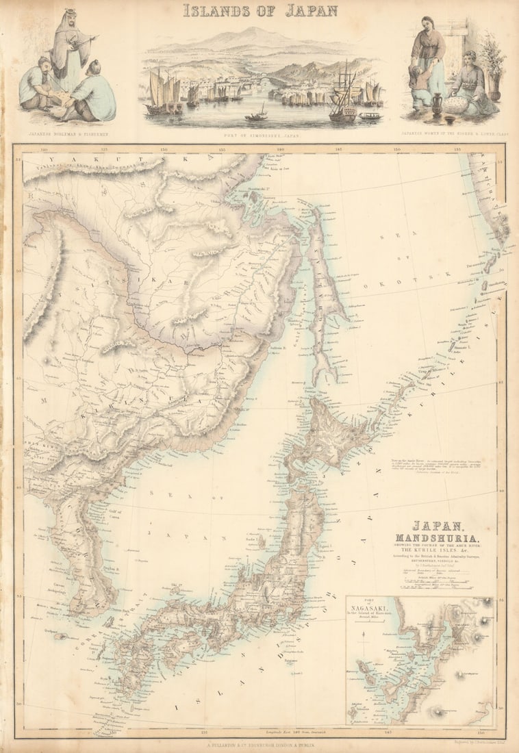Japan & Mandshuria. Shimonoseki & Nagasaki. Manchuria. FULLARTON c1863 old map (1 of 1)