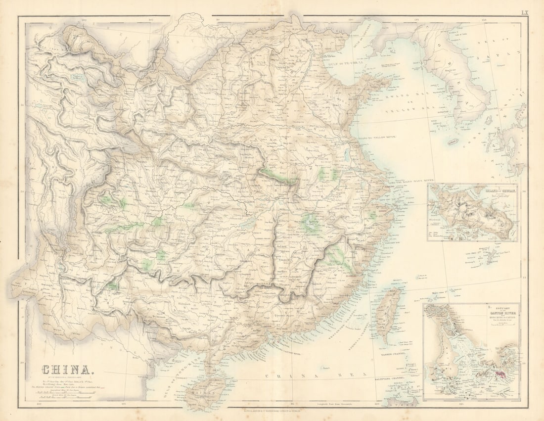 China. Great Wall. Pearl River delta, Hong Kong, Guangzhou. FULLARTON c1863 map: China. Insets Island of Chusan. Estuary of the Canton River'. From an undated atlas for which the internal evidence of publication date is inconsistent: the maps appear to have been engraved at differ