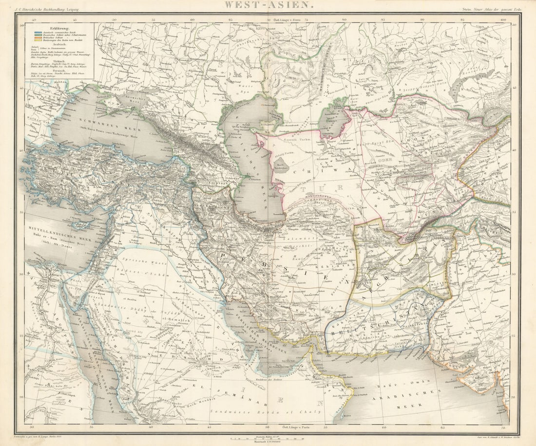 West Asien. Southwest Asia. Abu Thubby/Abu Dhabi. Stein/Lange 1858 old map: West Asien [Western Asia]. "Abu Thubby" (Abu Dhabi) and Schardscha (Sharja) are marked. The map indicates the extent of the "Possessions of the Imam of Muscat, the Sultanate of Muscat and Oman, being