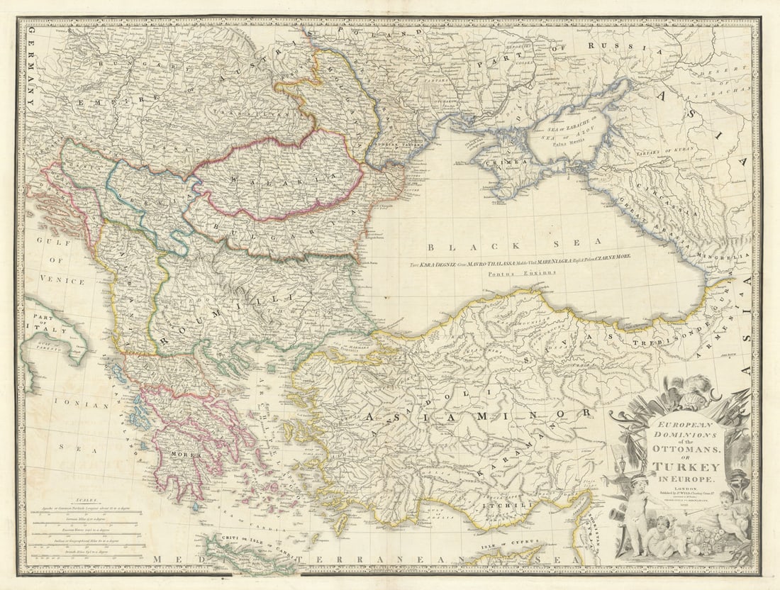 European Dominions of the Ottomans, or Turkey in Europe by James Wyld 1842 map: European Dominions of the Ottomans, or Turkey in Europe' by Wyld, James. Published 1842 [dated]. Large folio decorative hand coloured 19th century atlas map. Size 58 x 77 cm | 23.0 x 30.0 inches.