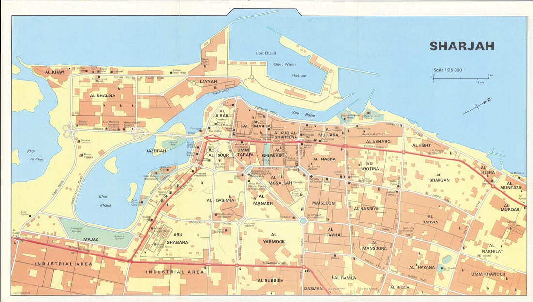 Vintage Sharjah town city plan, United Arab Emirates. UAE. GEOprojects 1995 map: Sharjah' by GEOprojects. Published [Undated but Worldcat says this edition was published in 1995]. Vintage colour city plan. Size 22 x 39 cm | 8.5 x 15.0 inches. Condition: Good; suitable for