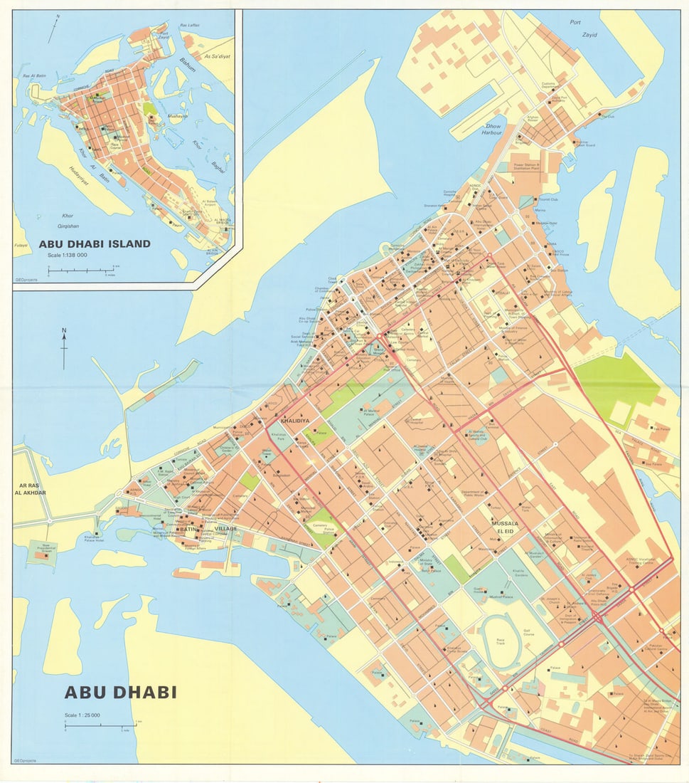 Vintage Abu Dhabi town city plan, United Arab Emirates UAE. GEOprojects 1995 map: Abu Dhabi // Abu Dhabi Island' by GEOprojects. Published [Undated but Worldcat says this edition was published in 1995]. Vintage colour city plan. Size 44 x 39 cm | 17.0 x 15.0 inches. Condition: Good