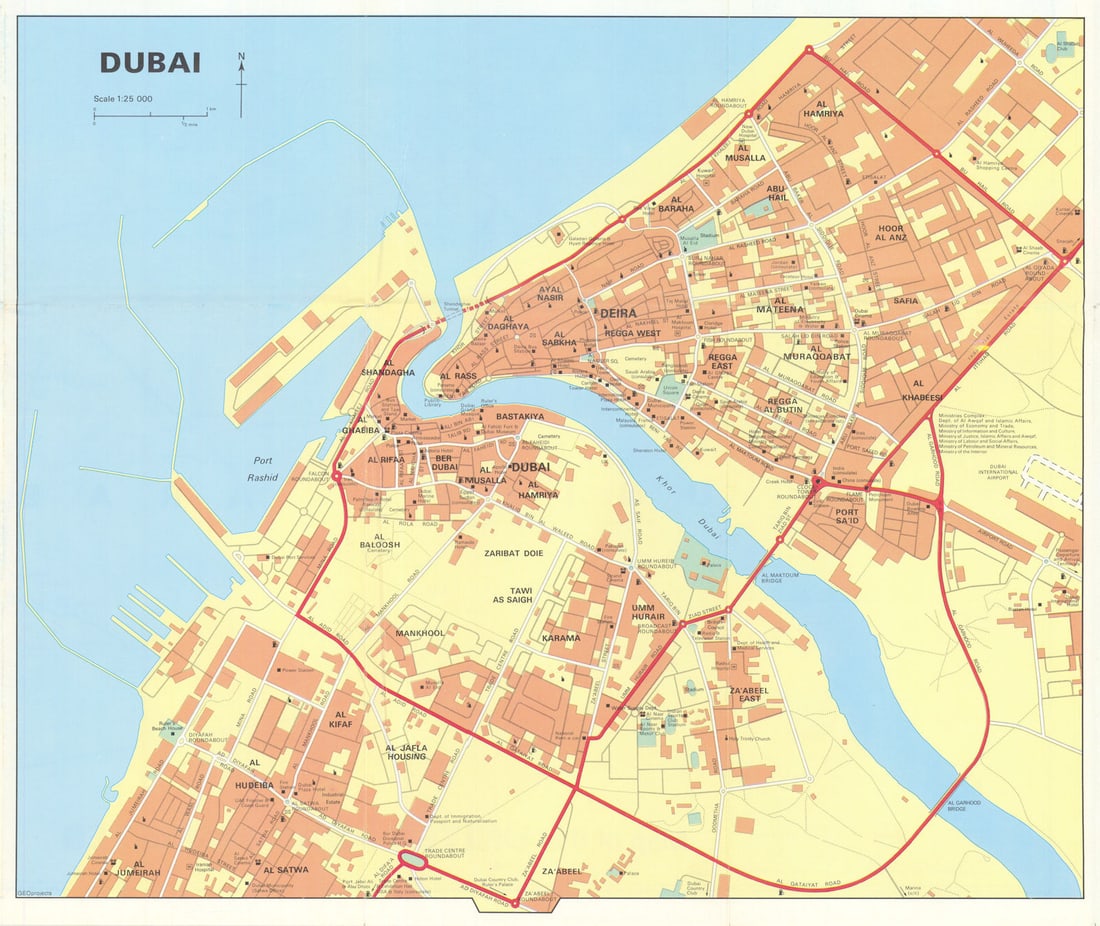 Vintage Dubai town city plan, United Arab Emirates. UAE. GEOprojects 1995 map: Dubai' by GEOprojects. Published [Undated but Worldcat says this edition was published in 1995]. Vintage colour city plan. Size 33 x 39 cm | 13.0 x 15.5 inches. Condition: Good; suitable for framing. 