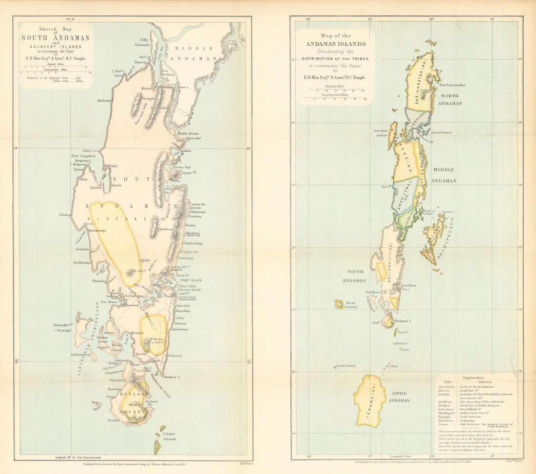 Andaman Islands illustrating tribal distribution. Man/Temple/RGS 1880 old map: Map of the Andaman Islands illustrating the distribution of the tribes to accompany the paper by E. H. Man Esqre & Lieut. R. C. Temple. // Sketch map of South Andaman and adjacent islands to