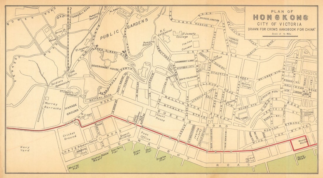 Plan of Hong Kong & City of Victoria by Carl Crow. China 1933 old vintage map (1 of 1)