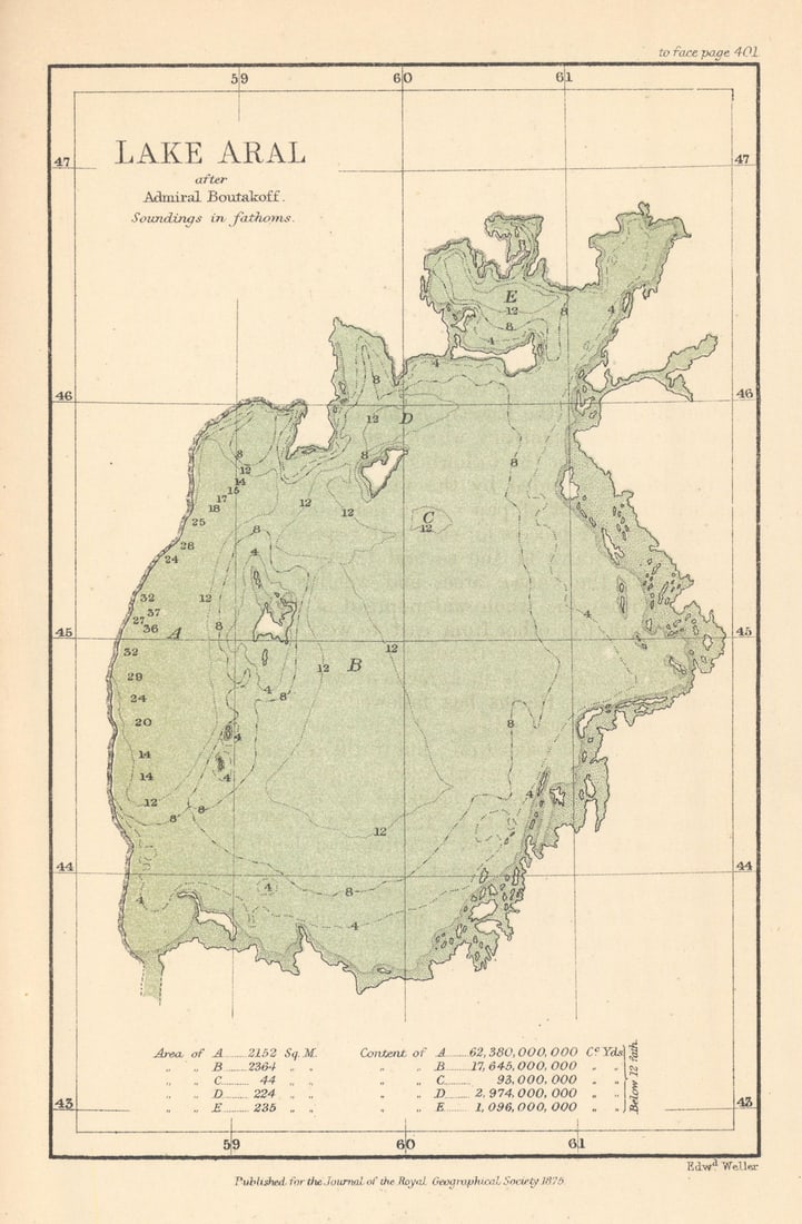 Lake Aral/Aral Sea after Admiral Boutakoff. Uzbekistan/Kazakhstan. RGS 1875 map: Lake Aral after Admiral Boutakoff'. Lake Aral (after Admiral Boutakoff). From Russian hydrographic surveys; engraved by Edward Weller. 18.5 x 12.0 cm (7.25 x 4.75 in). Simple depth-chart map with soun