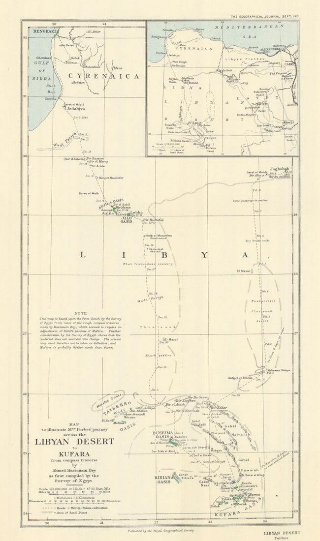 Libyan Desert to Kufara. Rosita Forbes & Ahmed Hassanein Bey. RGS 1921 old map: Map to Illustrate Mrs Forbes' Journey Across the Libyan Desert to Kufara (Ahmed Hassanein Bey, 1924)'. A dramatic desert map documenting travel writer and explorer Rosita Forbes's daring 1920-21