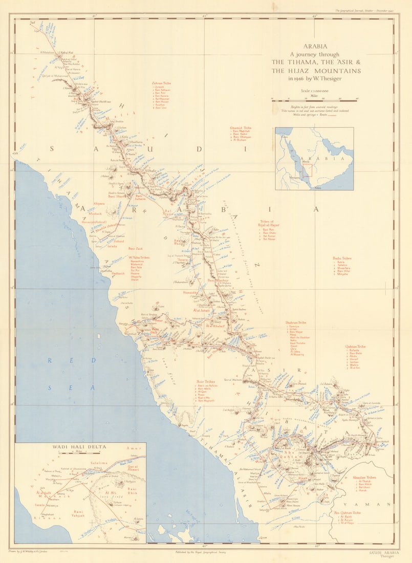 Arabia. Thesiger 1946 Tihama, Asir & Hijaz Mountains journey. RGS 1948 old map (1 of 1)