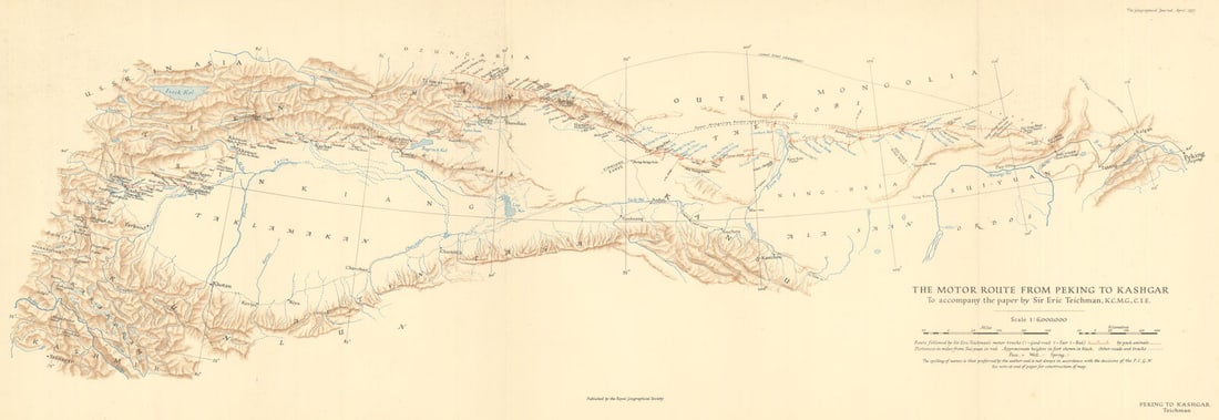 The motor route from Peking to Kashgar by Eric Teichman. Silk Road. RGS 1937 map: The Motor Route from Peking to Kashgar (to accompany the paper by Sir Eric Teichman K.C.M.G., C.I.E.)'. A route map illustrating one of the most remarkable Central Asian journeys of the inter-war peri