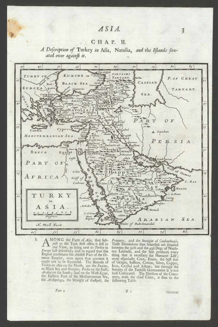 Turky [Turkey] in Asia by Herman Moll. Middle East & Arabia 1701 old map: Turky in Asia'. Anatolia, Arabia, the Levant, Iraq and the southern Caucasus by Moll, Herman. Published 1701. Antique copperplate map. Size 30 x 20 cm | 11.5 x 7.5 inches. Condition: Good; suitable fo