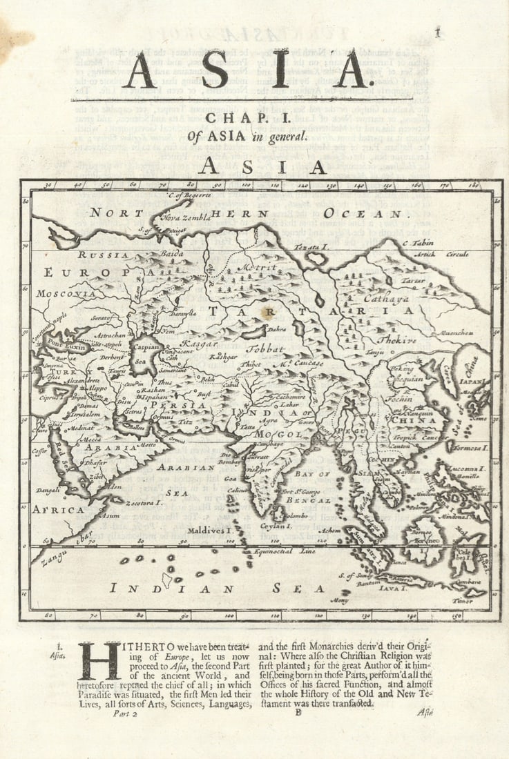 Asia by Herman Moll. Great Wall of China. Mogol empire. Tartaria 1701 old map: Asia'. The mythical lake Chiamay - the supposed source of the four great rivers of south-east Asia - is shown (though not named) above Indochina. The Great Wall of China is indicated. by Moll,