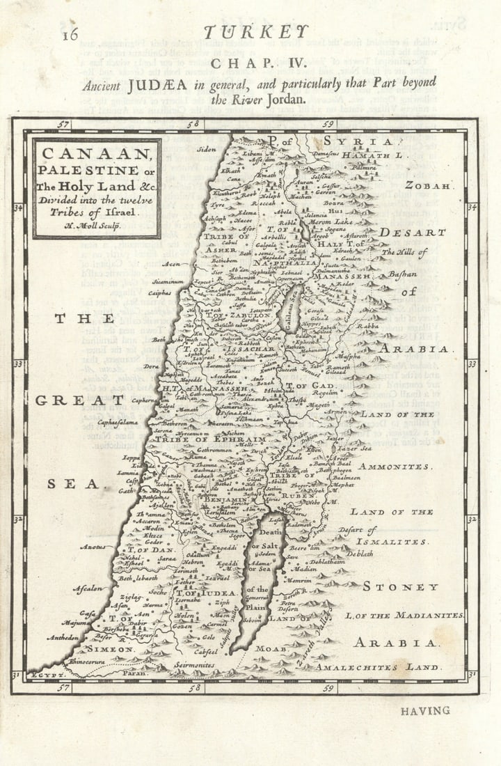 Canaan, Palestine or the Holy Land twelve Tribes of Israel. MOLL 1701 old map: Canaan, Palestine or the Holy Land &c divided into twelve Tribes of Israel' by Moll, Herman. Published 1701. Antique copperplate map. Size 30 x 20 cm | 11.5 x 7.5 inches. Condition: Good;