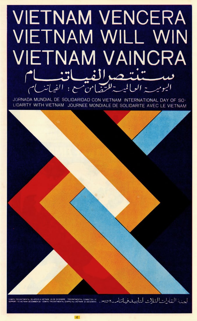 Vietnam Vencera-Vietnam Will Win. Anti-US Cuban propaganda poster. OSPAAAL 1968: Vietnam Vencera-Vietnam Will Win-International Day of Solidarity with Vietnam - December 20'. Unsigned. Published by OSPAAAL (Organizacion de Solidaridad con los Pueblos de Asia, africa y America Lati