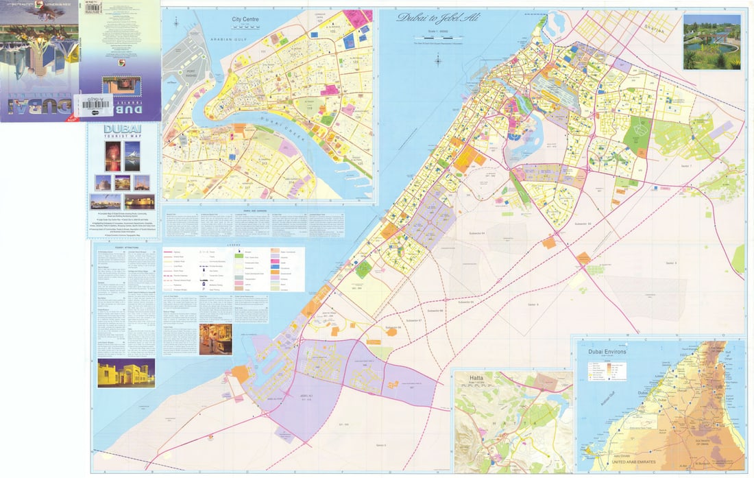 Dubai Tourist Map & city plan prior to its 21st century reshaping 83x117cm 2000: [Dubai Tourist Map] Dubai City // Dubai to Jebel Ali // City Centre. Although this city plan is only 25 years old-barely "vintage" and certainly not antique-Dubai has undergone more dramatic, map-visi