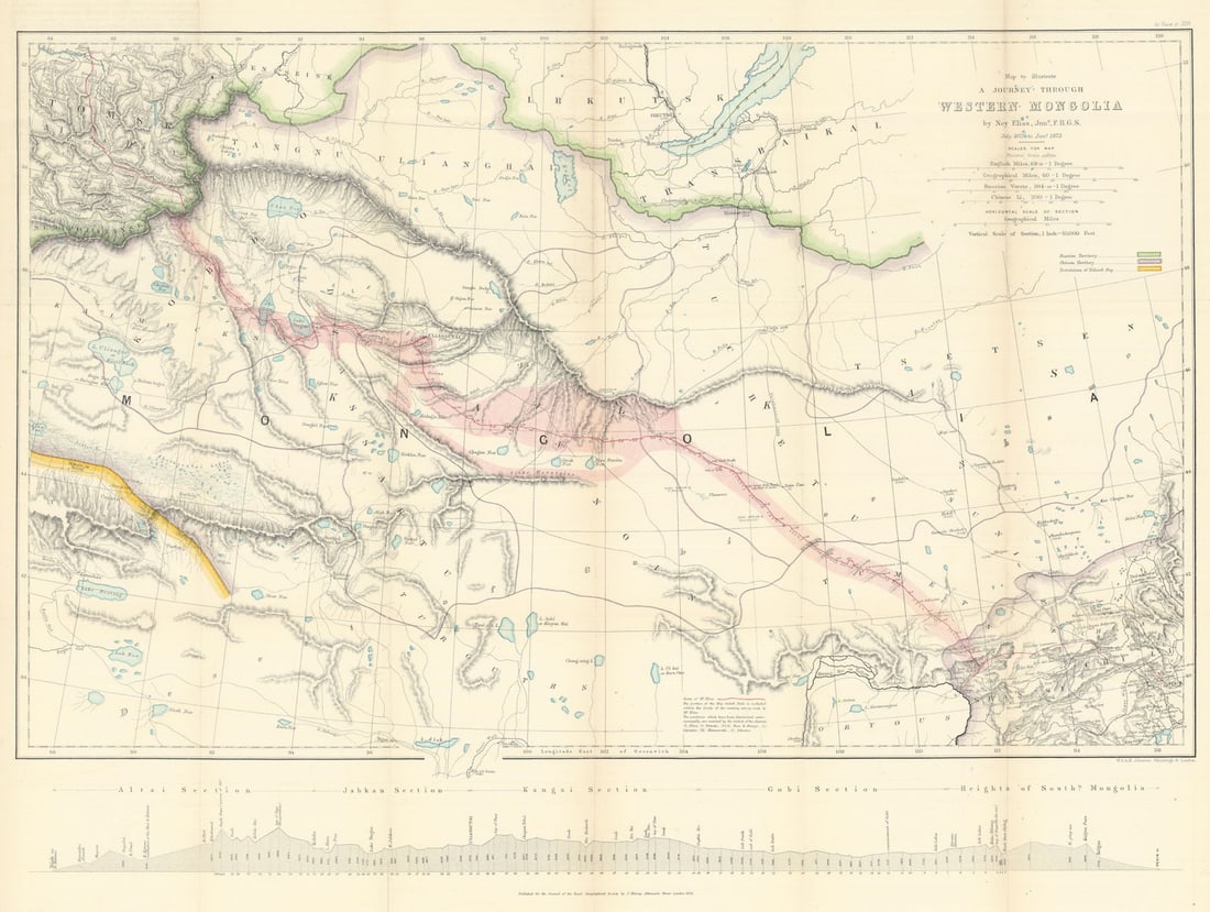 Journey through Western Mongolia by Ney Elias Jr. RGS 1873 old antique map: Map to Illustrate a Journey through Western Mongolia by Ney Elias Junr. F.R.G.S. July 1872 to Jan 1873'. Original lithographed map illustrating the journey of Ney Elias, a figure regarded by modern sc