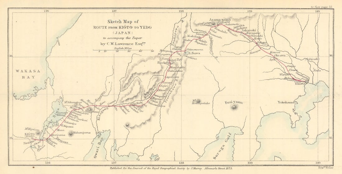 Route from Kioto to Yedo (Kyoto to Tokyo). C.W. Lawrence / RGS 1873 old map (1 of 1)
