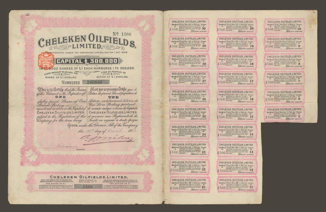 Cheleken Oilfields Limited-1 Bearer Share Warrant Certificate & Coupons 1913 (1 of 1)