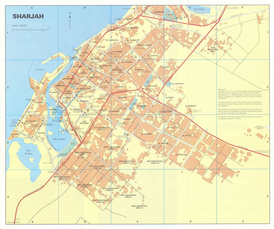 Vintage Sharjah town city plan, United Arab Emirates. UAE. GEOprojects 1993 map: Sharjah' by GEOprojects. Published 1993. Vintage colour city plan. Size 32 x 38 cm | 12.5 x 15.0 inches. Condition: Good; suitable for framing. Please check the scan for any blemishes prior to making 