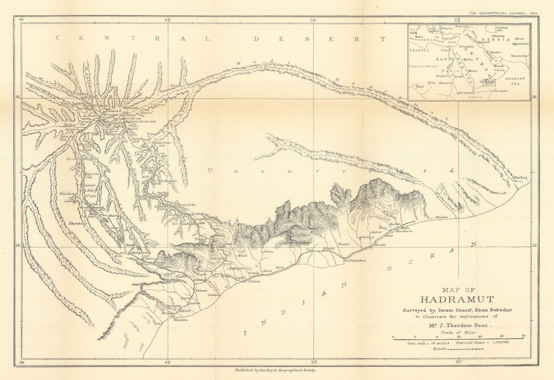 Hadramut surveyed by Imam Sharif, Khan Bahadur. James Theodore Bent/RGS 1894 map: Map of Hadramut surveyed by Imam Sharif, Khan Bahadur, to illustrate the Explorations of Mr. J. Theodore Bent'. Royal Geographical Society / Imam Sharif / James Theodore Bent. Published October 1894.