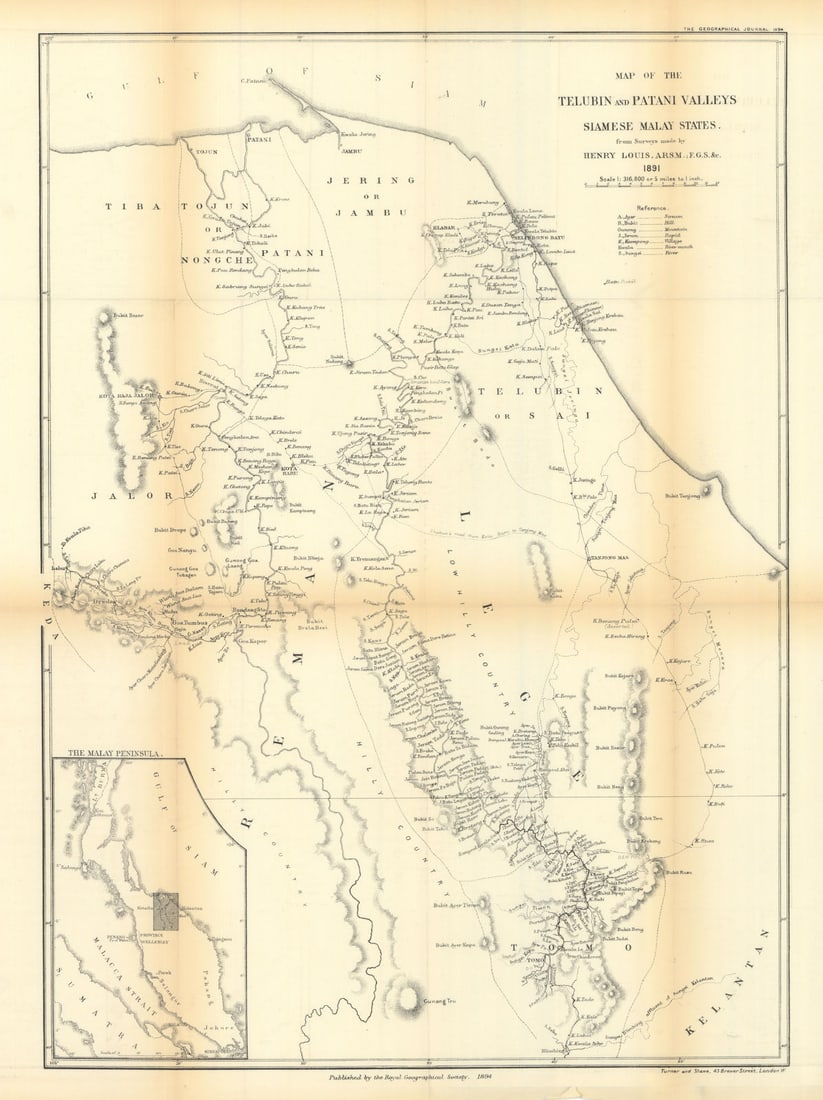 Telubin & Patani Valleys in the Siamese Malay States by Henry Louis/RGS 1894 map: Map of the Telubin and Patani Valleys in the Siamese Malay States from Surveys made by Henry Louis, A.R.S.M., F.G.S., &c., 1891'. Royal Geographical Society / Henry Louis. Published September 1894