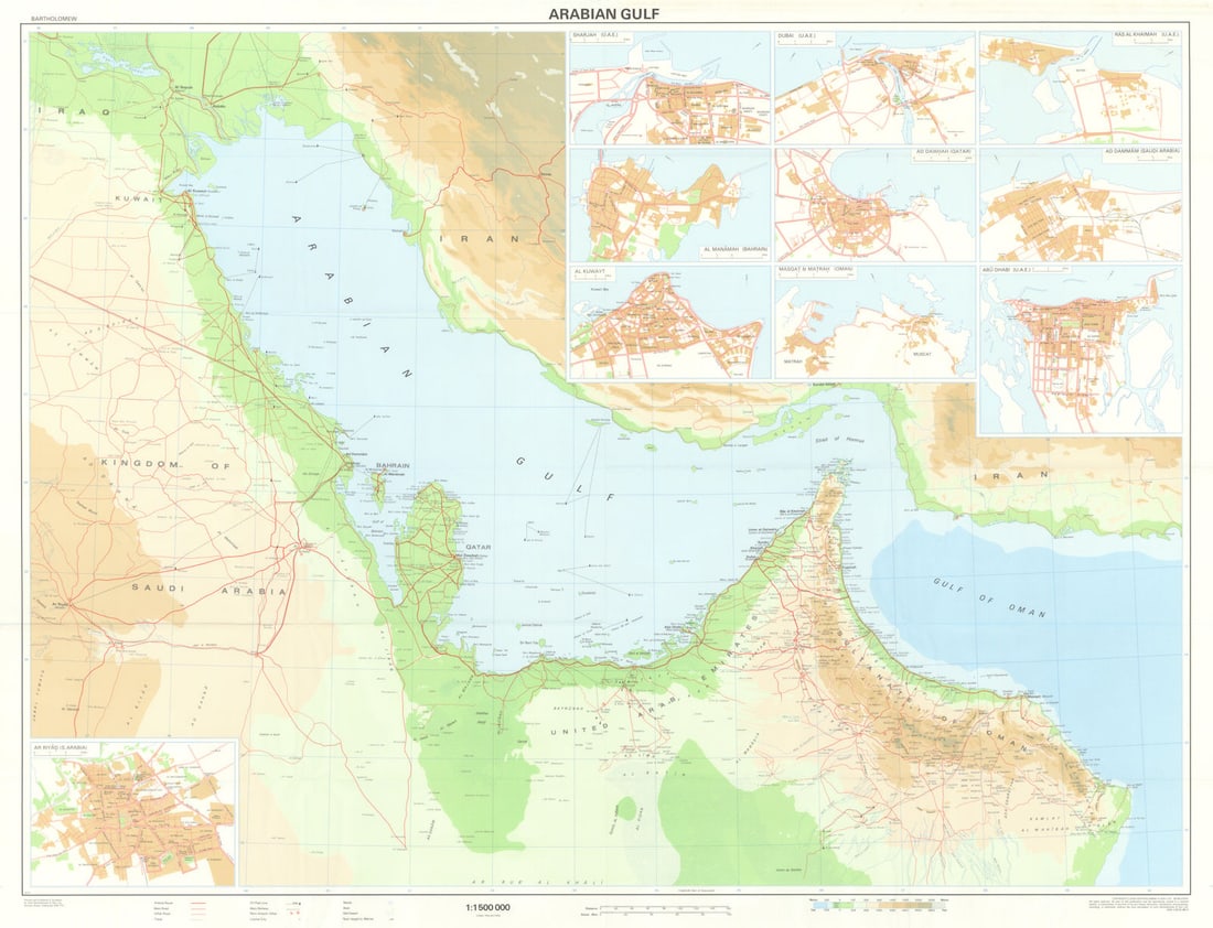 Arabian Gulf + Dubai Manama Doha Kuwait Muscat Abu Dhabi Riyadh plans 1984 map: [World Travel Map] Arabian Gulf // Sharjah (U.A.E.) - Dubai (U.A.E.) - Ras Al Khaimah (U.A.E.) - Al Manamah (Bahrain) - Doha (Qatar) - Ad Dammam (Saudi Arabia) - Kuwait - Muscat & Matrah (Oman) -