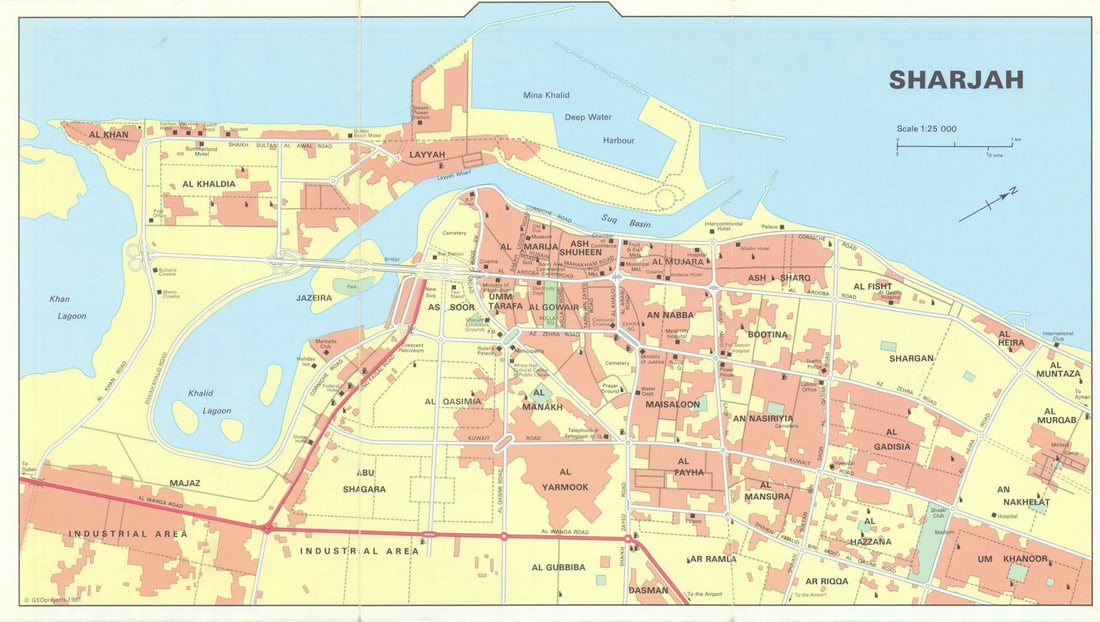 Vintage Sharjah town city plan, United Arab Emirates. UAE. GEOprojects 1981 map: Sharjah' by GEOprojects. Published 1981. Vintage colour city plan. Size 22 x 39 cm | 8.5 x 15.0 inches. Condition: Good; suitable for framing. Please check the scan for any blemishes prior to making y