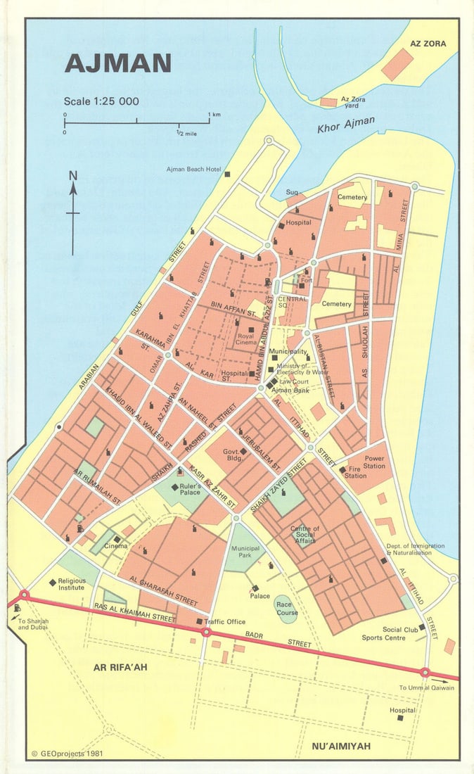 Vintage Ajman town city plan, United Arab Emirates. UAE. GEOprojects 1981 map: Ajman' by GEOprojects. Published 1981. Vintage colour city plan. Size 21 x 13 cm | 8.5 x 5.0 inches. Condition: Good; suitable for framing. Please check the scan for any blemishes prior to making