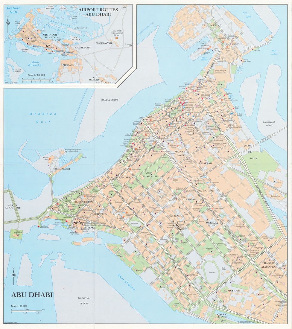 Vintage Abu Dhabi town city plan, United Arab Emirates UAE. GEOprojects 2003 map: Abu Dhabi // Airport Routes Abu Dhabi' by GEOprojects. Published 2003. Vintage colour city plan. Size 44 x 39 cm | 17.0 x 15.0 inches. Condition: Good; suitable for framing. Please check the scan for