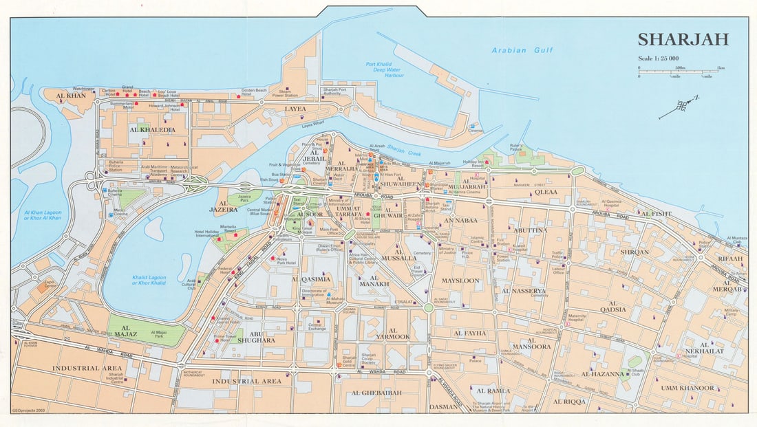 Vintage Sharjah town city plan, United Arab Emirates. UAE. GEOprojects 2003 map: Sharjah' by GEOprojects. Published 2003. Vintage colour city plan. Size 22 x 39 cm | 8.5 x 15.0 inches. Condition: Good; suitable for framing. Please check the scan for any blemishes prior to making