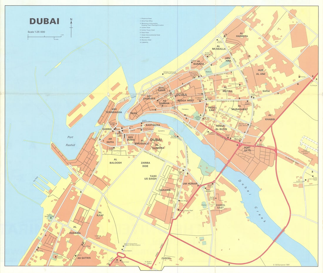 Vintage Dubai town city plan, United Arab Emirates. UAE. GEOprojects 1981 map: Dubai' by GEOprojects. Published 1981. Vintage colour city plan. Size 33 x 39 cm | 13.0 x 15.5 inches. Condition: Good; suitable for framing. Please check the scan for any blemishes prior to making yo