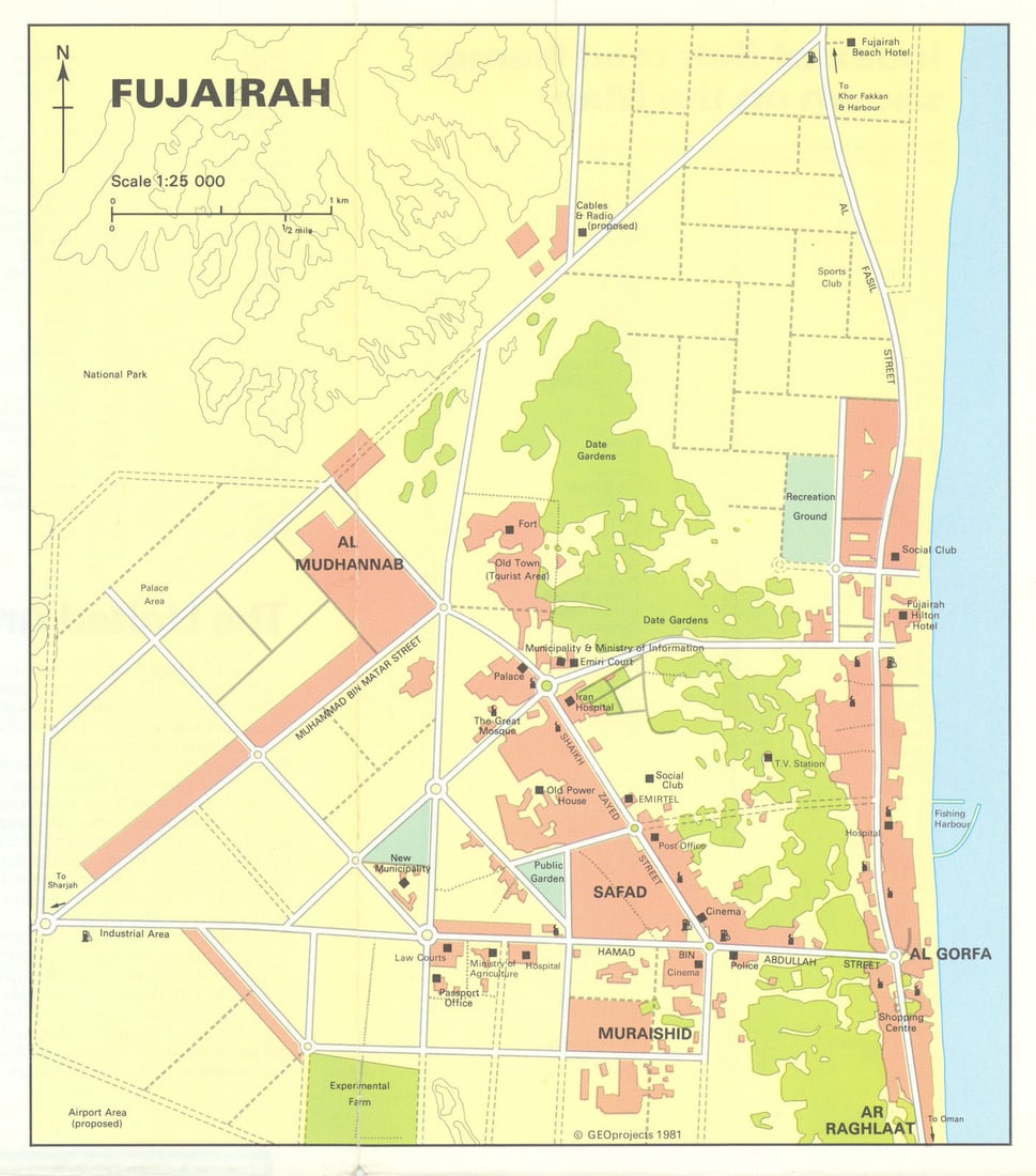 Vintage Fujairah town city plan, United Arab Emirates. UAE. GEOprojects 1981 map: Fujairah' by GEOprojects. Published 1981. Vintage colour city plan. Size 21 x 19 cm | 8.5 x 7.5 inches. Condition: Good; suitable for framing. Please check the scan for any blemishes prior to making