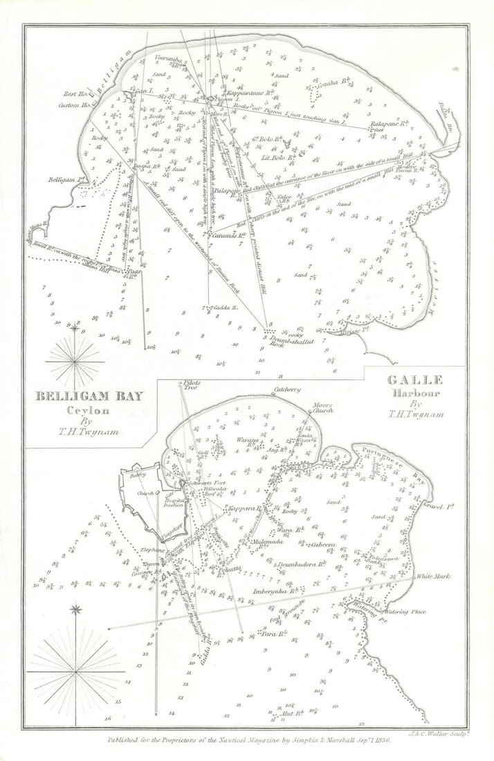 Galle Harbour & Bellegam Bay, Ceylon by TH Twynham. Weligama, Sri Lanka 1836 map: Galle Harbour-Bellegam Bay, Ceylon'. Galle Harbour & Weligama Bay, Sri Lanka . Thomas Holloway Twynham. Engraved by John and Charles Walker. Published 1836. Antique engraved map. Size 19 x 13 cm