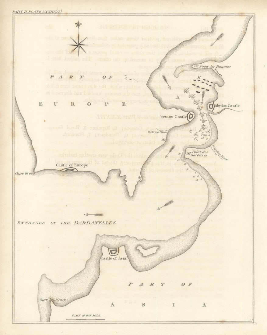 Dardanelles Operation, February-March 1807, Turkey - Sir John Duckworth 1824 map: [Dardanelles Operation (February-March 1807)] by Ekins, Charles. Published 1824. Untitled antique engraved naval battle plan and the original explanatory text pages. Size 25 x 21 cm | 9.5 x 8.5 inches