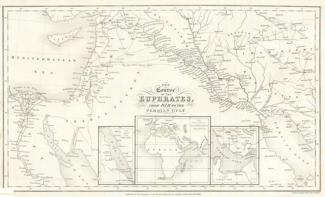The Course of the Euphrates from Bir to the Persian Gulf - Iraq -Walker 1835 map: The Course of the Euphrates, from Bir to the Persian Gulf'. Drawn and engraved by John and Charles Walker. Published 1835. Antique engraved map. Size 22 x 36 cm | 8.5 x 14.0 inches. Condition: Good;