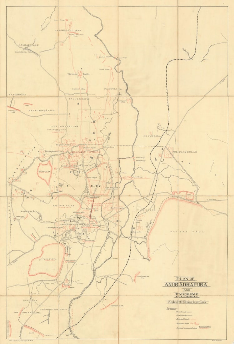 A Plan of Anuradhapura shewing ancient ruins. Ceylon Survey Department 1924 map: A Plan of Anuradhapura and environs [shewing ancient ruins]. A plan of the ruins of the Sacred City of Anuradhapura, the ancient capital of Sri Lanka. Ancient sites and roads are marked in red. The