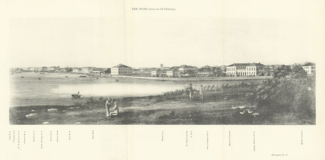 Panorama of the Bund, Shanghai circa 1852, from an earlier painting 1921 print: The Bund'. From an old painting. Published 1921. Early 20th century reproduction of a 19th century painting. Size 42 x 22 cm | 16.5 x 8.5 inches. Condition: Good; suitable for framing. Public library