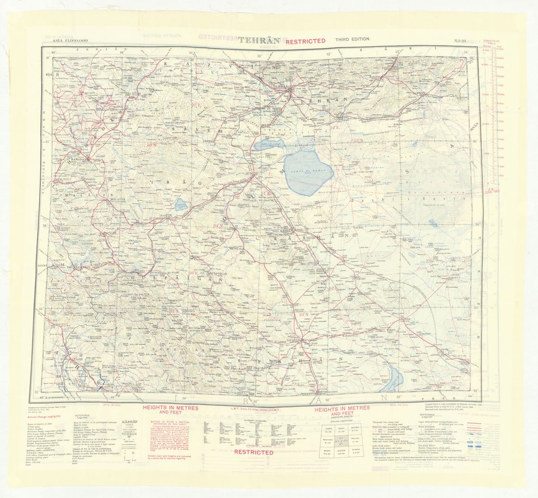 GSGS Restricted Cold War silk escape/evasion map-N-I-39-Tehran-Bushire-Iran 1951: Tehran - Restricted- Third Edition- Asia 1:1,000,000- N-I-39 // Bushire - Restricted- Fourth Edition- North H-39- Asia 1:1,000,000'. A Cold War-era silk escape map-Restricted-Tehran // Bushire-issued 