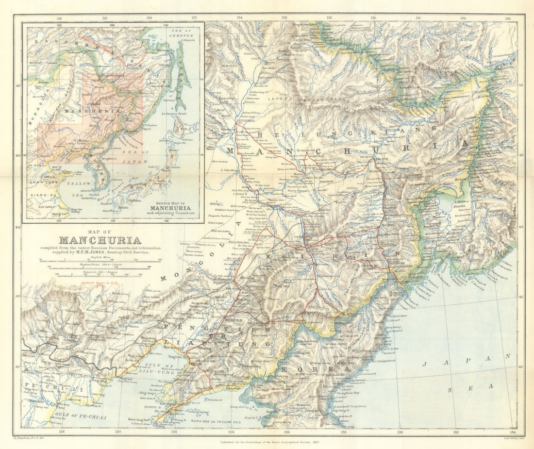 Map of Manchuria showing Henry Evan Murchison James's route-China-RGS 1887 (1 of 1)