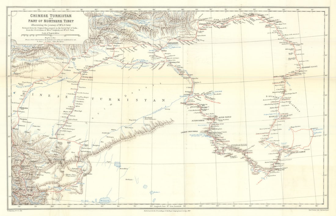 Chinese Turkistan-Northern Tibet-Arthur Carey Great Game expedition-RGS 1887 map: Chinese Turkistan and Part of Northern Tibet, illustrating the journey of Mr. A. D. Carey. Reduced from the Original Map prepared in the Survey Dept. of India, from the observations of Messrs. Dalglei