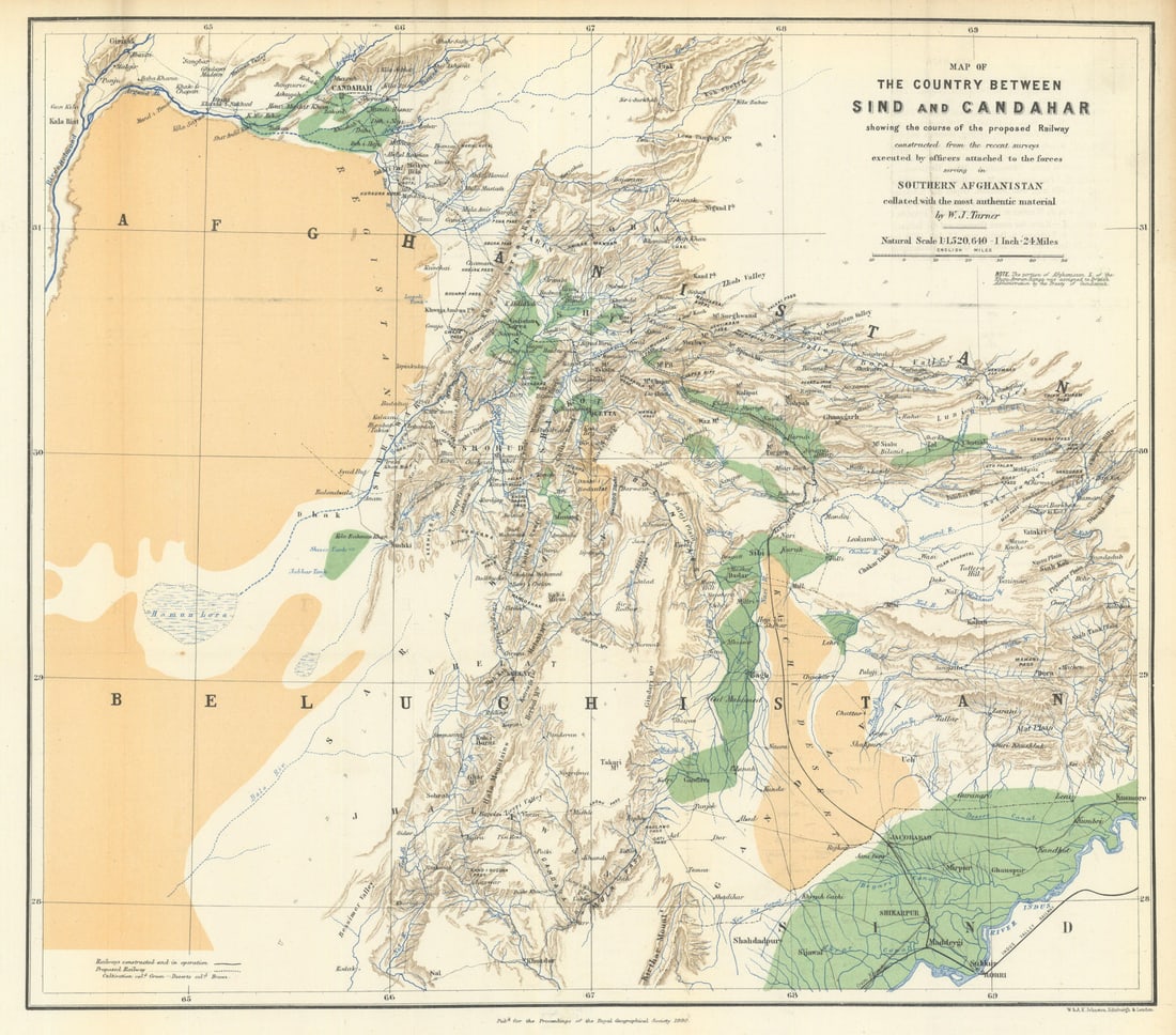 Country from Sind to Candahar-Proposed Railway-Pakistan-Afghanistan-RGS 1880 map: Map of the Country Between Sind and Candahar, showing the course of the proposed Railway, constructed from the recent surveys executed by officers attached to the forces serving in Southern Afghanista