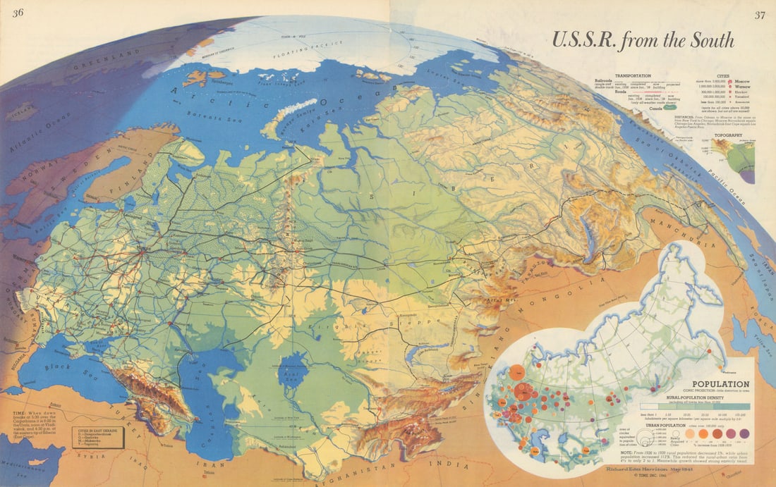 U.S.S.R. from the South-Persuasive map-World War 2-Richard Edes Harrison 1944: U.S.S.R. from the South'. U.S.S.R. from the South views the Soviet Union from its vulnerable southern approaches. Harrison's perspective draws attention to the Caucasus, Black Sea, Caspian, Iran and C