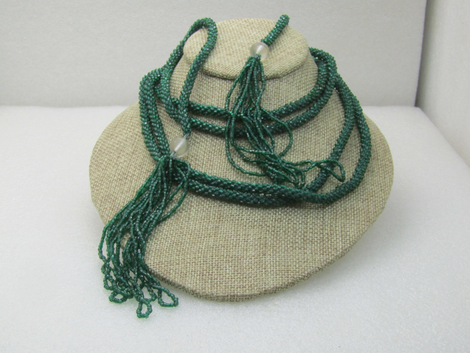 Vintage 40" Green Seed Beaded Belt/Necklace, Long Tassel Sash, Early 1900's (1 of 8)