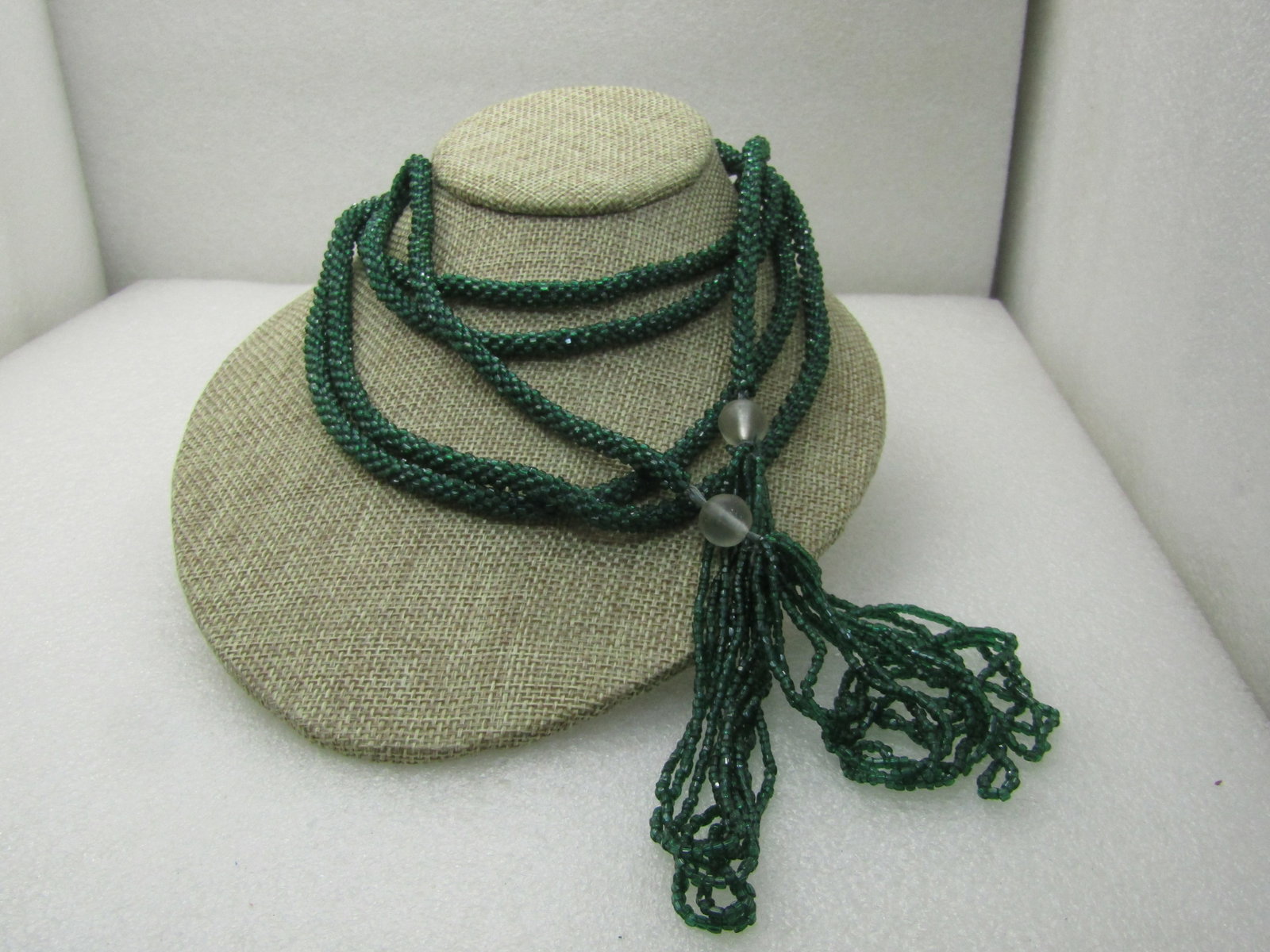 Vintage 40" Green Seed Beaded Belt/Necklace, Long Tassel Sash, Early 1900's - 3