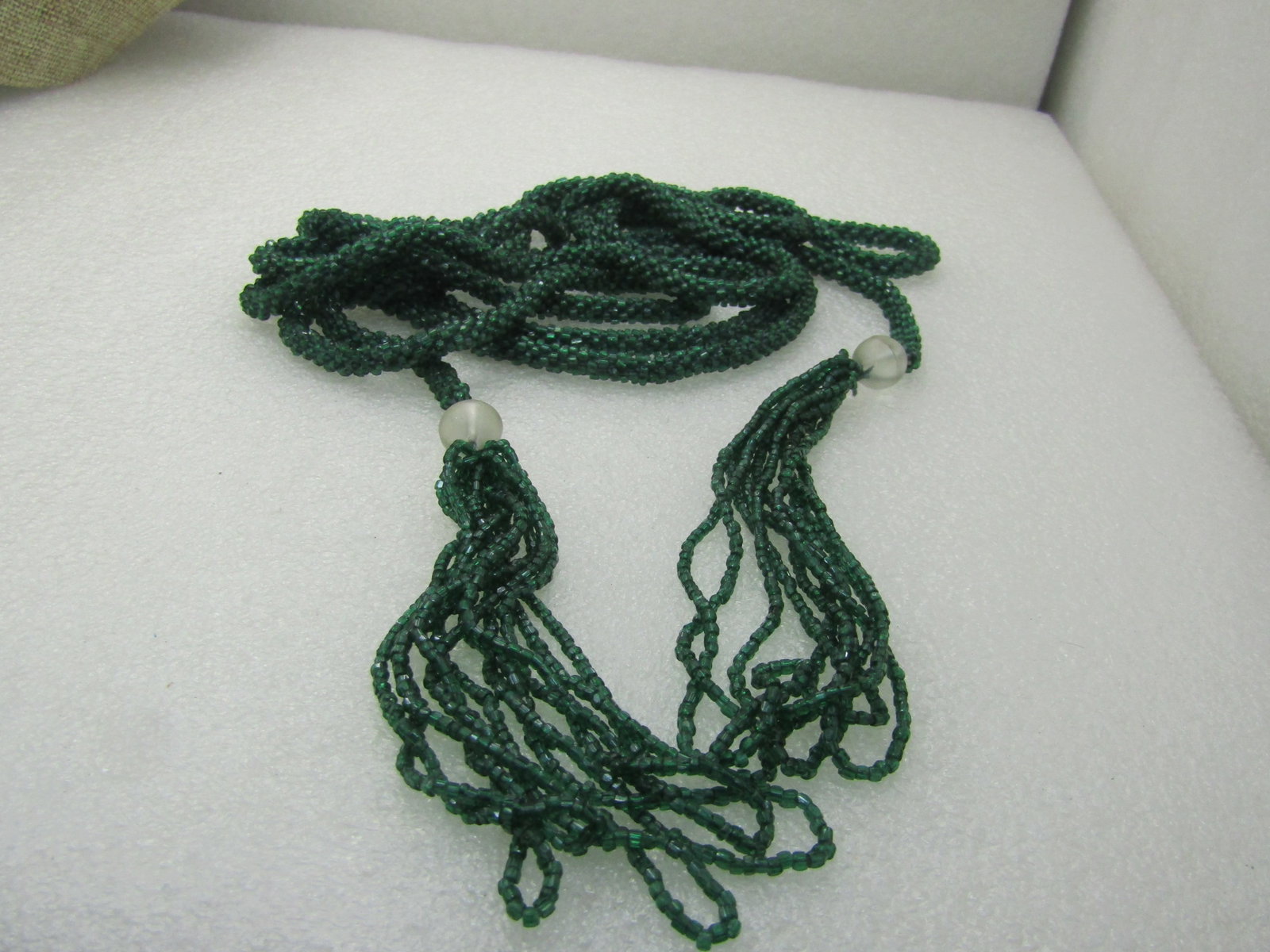 Vintage 40" Green Seed Beaded Belt/Necklace, Long Tassel Sash, Early 1900's - 4