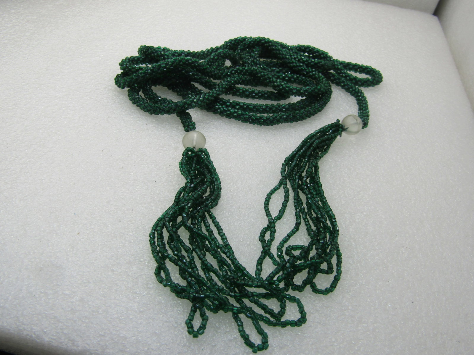 Vintage 40" Green Seed Beaded Belt/Necklace, Long Tassel Sash, Early 1900's - 5