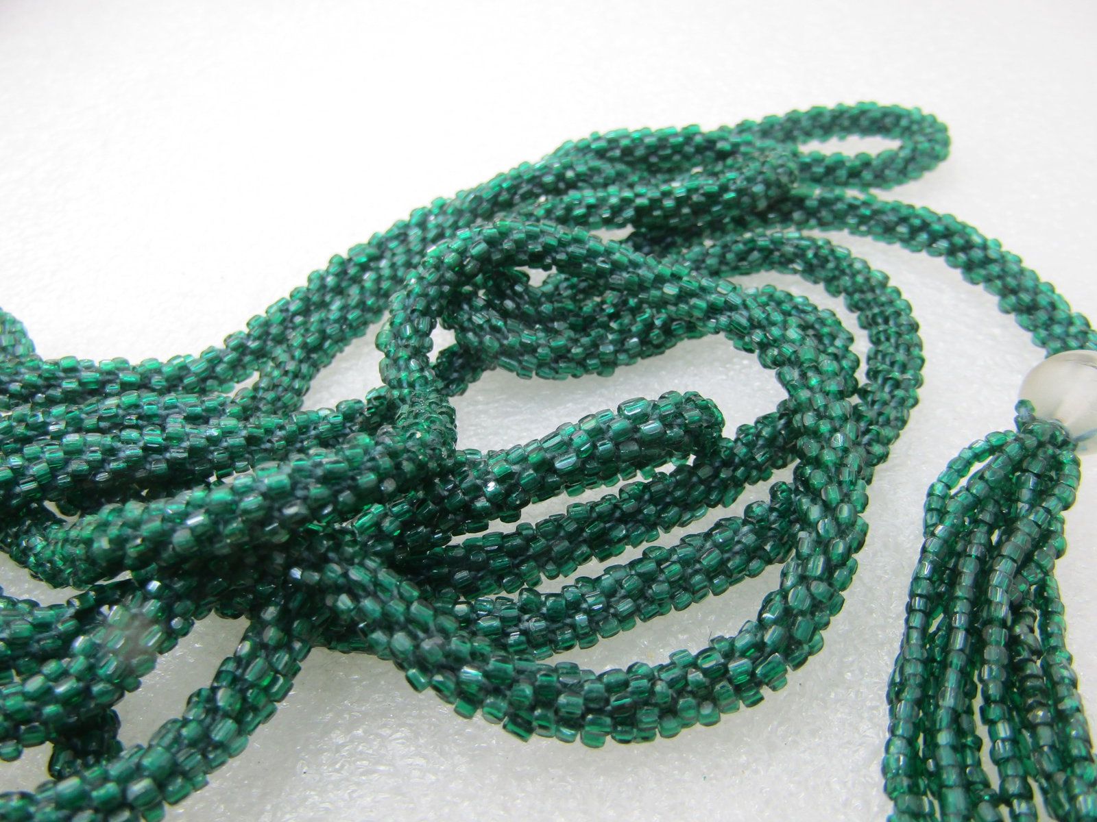 Vintage 40" Green Seed Beaded Belt/Necklace, Long Tassel Sash, Early 1900's - 6