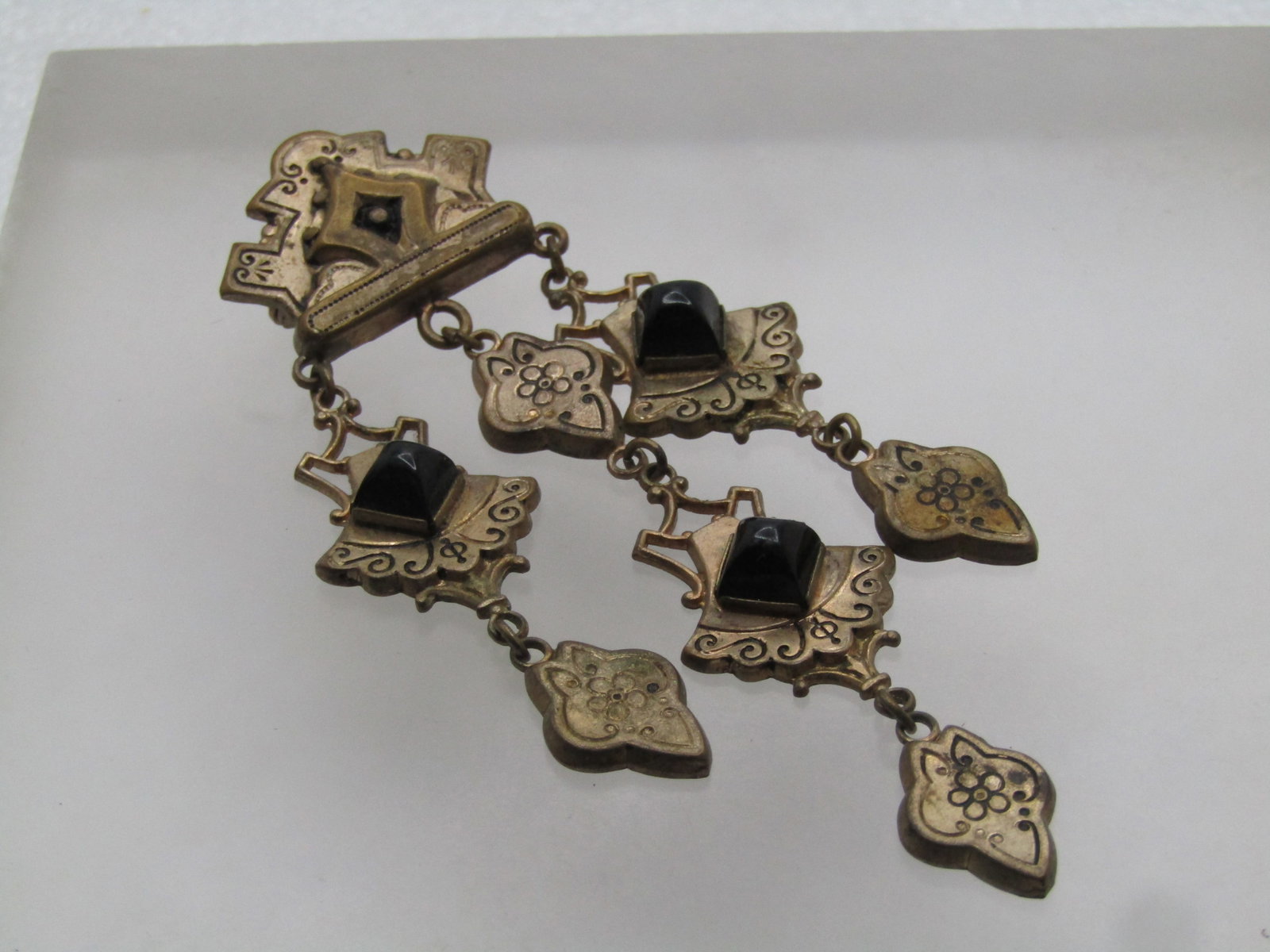 Vintage Pressed Metal Dangle Brooch, Black Glass, 1930's-1940's - 2